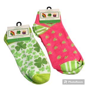 Shamrock Socks St Patricks Day Celtic Pink Green Clover 2 Pairs Lot Shamrocks